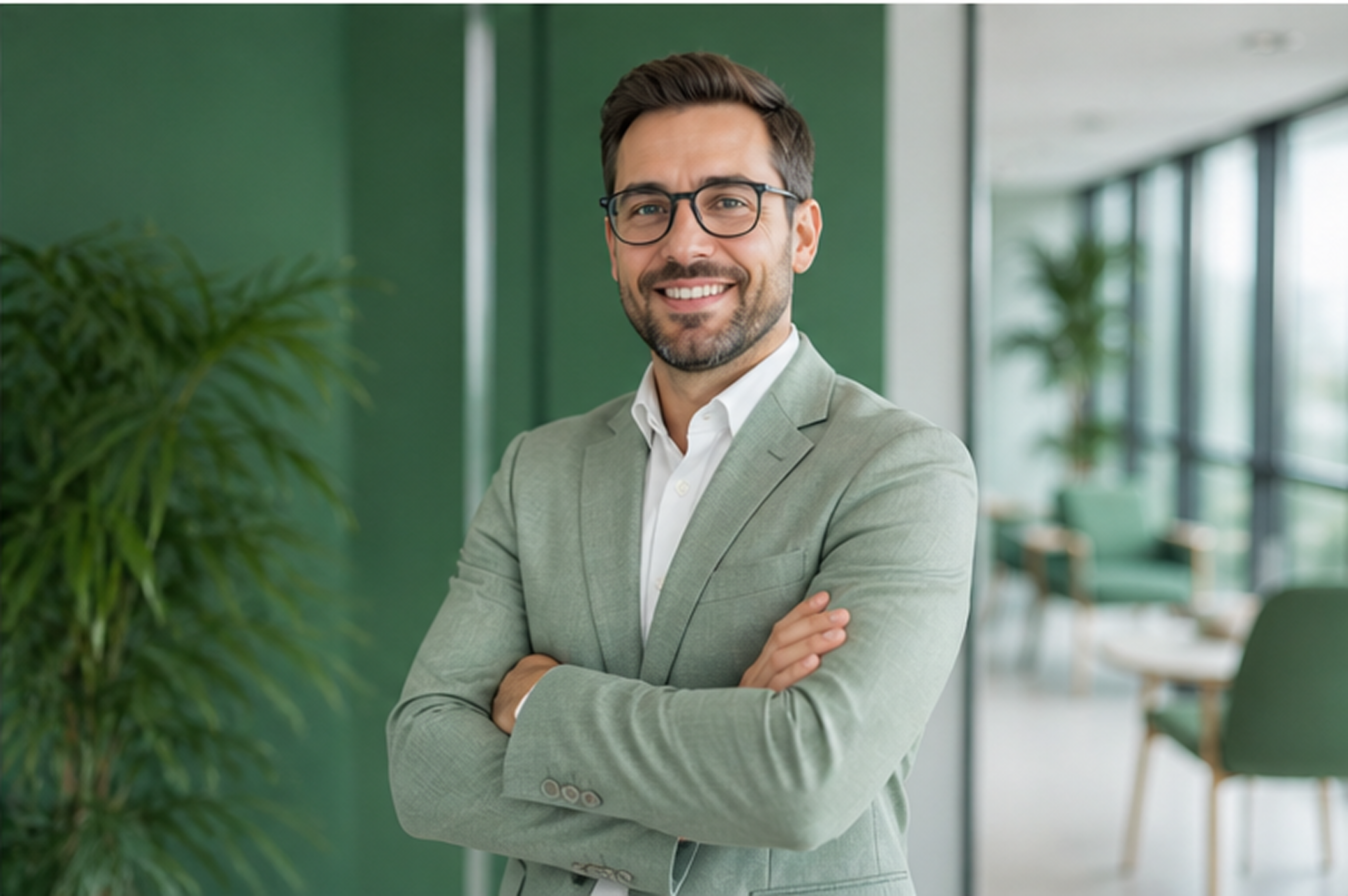 A smiling man with brown hair, a beard, and glasses stands with arms crossed, wearing a light green suit and white shirt, in a modern office with green walls and plants.